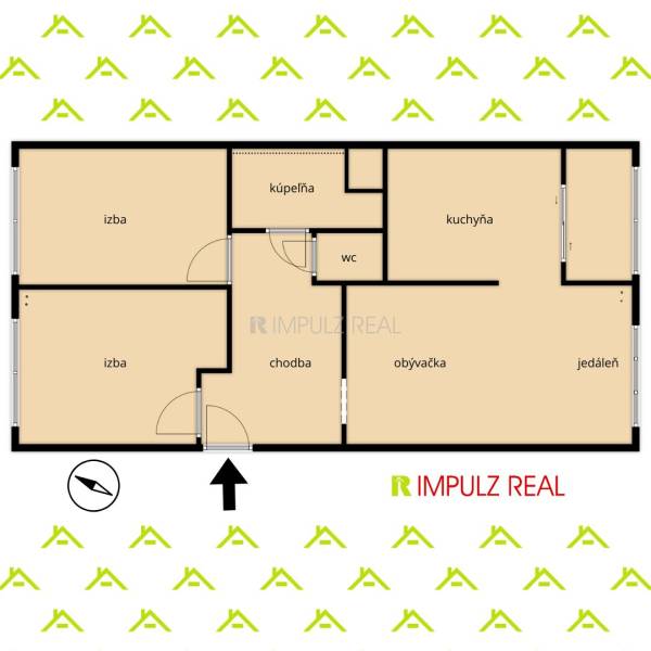 Pôdorys 3i bytu 69 m², Košice–Terasa, Lesnícka: izby, obývačka s jedálňou, kuchyňa, kúpeľňa a samostatné WC